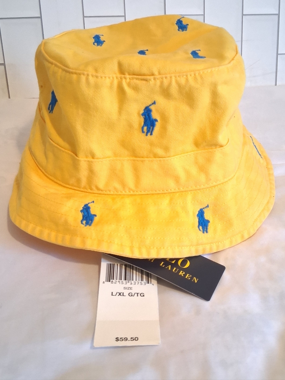 New Polo Ralp Lauren Scattered Bucket Hat Pony Embroidered Men Yellow Sz L/XL - Picture 2 of 6